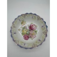 Vintage German Porcelain 10” Bowl Pink Roses Floral Scalloped Gold Gilt Romantic picture