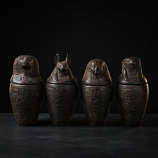 RARE ANTIQUE EGYPTIAN STATUE Canopic Jars Set Four Sons of Horus Storage Jars picture