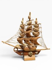 Vintage 1970’s Handmade Wooden Ship Made of Sea Shells and String picture