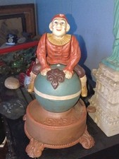 J & E Stevens Clown on Globe Cast Iron Mechanical Coin Bank Spinning Acrobat picture