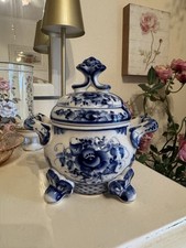 Vintage 1999 Russian Gzhel Porcelain Lidded Sugar Bowl Hand Painted Signed picture