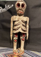 Vintage Skeleton Wooden Hand Carved Folk Art Primitive Halloween Day Of The Dead picture