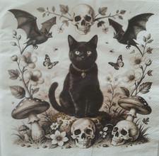 2 individual Paper Decoupage NAPKINS  HALLOWEEN BLACK CAT SKULL  1 MOTIF picture