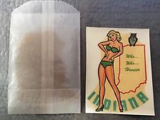 INDIANA IN PIN-UP GIRLIE SOUVENIR 1950's~ PAPER DECAL W/ ORIG WAX BAG~RISQUE picture