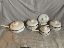 Vintage Heirloom Cookware Enamel Set W/Extra Lid Floral Pattern Flaws See Photos picture