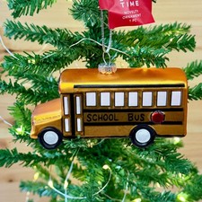 Yellow School Bus Glass Christmas Tree Ornament 4.5