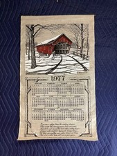 MCM 1977 Dowel Ready Wall Calendar Towel Burlap Barn Snowy Scene Excellent 17x29 picture