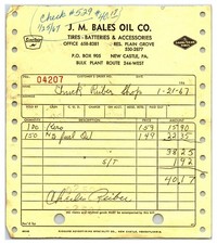 Vintage Original 1967 J.M. Bales Oil Co. Receipt - New Castle, Pennsylvania picture