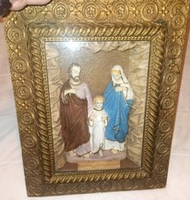 Antique 1892 Religeous Holy Family Shadow Box Statue Ornate Oak Frame picture