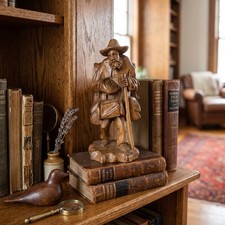 Vintage Hand Carved Wood Bearded Traveler Figurine Folk Art Old Man Wanderer 7