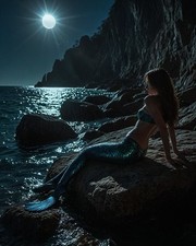 Mermaid Rocky Shoreline Moonlight Ocean Night Scene Fantasy Art Print picture