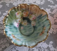 ANTIQUE HERMANN OHME  SILESIA PEDESTAL BOWL with ROSES & GOLD TRIM picture