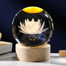 3D Engraving Lotus Flower Figurine Crystal Ball with Wooden Light Base, Glass Lo picture
