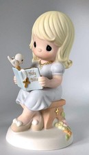 Precious Moments Little Girl Reading Bible Figurine with cute necklace & birdie picture