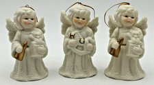 Vintage Angel Bell Ornaments Set of 3 Porcelain Gold Christmas Decor Figurines picture