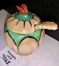 Ceramic Peach Green Lusterware Mustard Condiment Jar & Spoon Japan picture