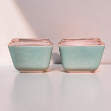 Vintage 1950s Pyrex Turquoise Refrigerator Fridgies Set of 2 501 Rare With Lids picture