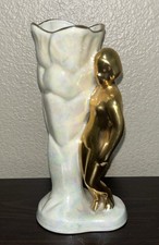 Vintage Art Deco Nude Gold Tone Woman Lusterware Figural Vase 7” picture