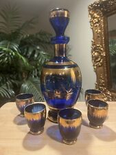 Vintage Cobalt BLUE Liquor Decanter 5 shot Glasses GOLD WIDE RIMS Designed picture