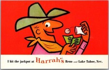 c1960s HARRAH'S CLUB CASINO Reno & Lake Tahoe Postcard - Cowboy / Cash Cigarette picture