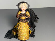 Darling Antique Pin Cushion Doll Bisque Gold Silk Lace Beaded Sewing Pincushion picture