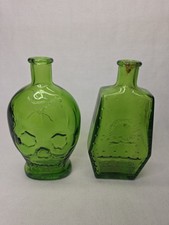 2 VINTAGE WHEATON GREEN SKULL & COFFIN GLASS BOTTLE POISON CASKET picture