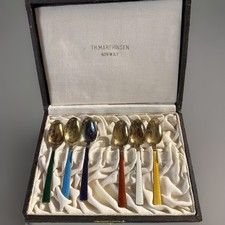 Vintage Norway Sterling Silver Guilloche Enamel Spoons Set 6 Box Th Marthinsen picture