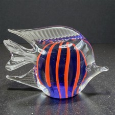 Vintage 1990s Art Glass Fish Figurine Paperweight Blue Orange Lines Clear Edge picture