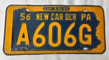 Vtg Pennsylvania Dealer License Plate - 1956, New Car Dealer, PA DL’R #A606G picture