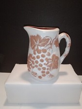 Terra Cotta Pitcher/Vase/White Glaze/Leaves & Grapes Handle 6.25 X... picture