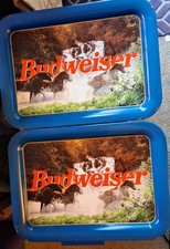 Vintage Budweiser Clydesdales Metal Serving Trays Pair Waterfall Wild Horses Bar picture