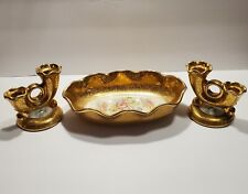 Vintage 3 Pcs Abingdon Gilt Candlestick Holders & Oval Trinket Or Candy Dish USA picture