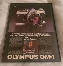 Olympus OM-1 Camera Maitani Vintage 1980 Print Ad Framed 8.5x11 picture