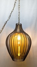 Vintage 1960's Amber Glass Swag Hanging Chain Swag Lamp Mid Century Metal Slits picture