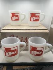 Vtg 1960s Fire King Milk Glass Mugs Fort Payne Bank Shareholder Cup Set 4 Boxed picture