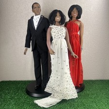 The Danbury Mint The Barack & Michelle Obama Inaugural Doll Lot Of 3 w/2 Stands picture