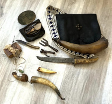 Antique 1800s Possible Bag, 2 Stag Knives-3 Powder Horns-Native American? Rare picture