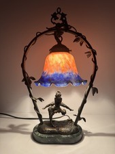 Andrea by Sadek Art Nouveau Figural Lamp Blue Orange Slag Glass Shade Vintage picture