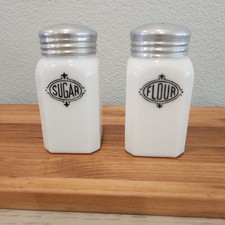 Vintage Hazel Atlas Sugar & Flour Shakers Black Art Deco Shield picture