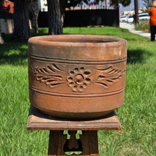 Vtg Terracotta Cylinder Planter Floral Garland Swag Rustic Clay Garden Pot 12