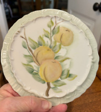 VINTAGE HAND PAINTED SIGNED AND DATED PORCELAIN HANGING PLATE / TRIVET PEACHES picture