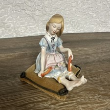 Vintage Lenwile Ardalt Bisque Porcelain Hand-painted Girl on Pillow Pincushion picture