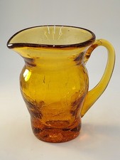 Vintage Pilgrim Hand Blown Amber Crackle Glass Mini Pitcher Creamer 3.5” picture