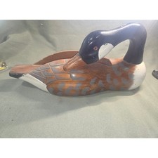 Vtg Hand Painted Wooden Canada Goose Decoy Figurine 12 Inch Brown Black White picture