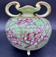 ANTIQUE NIPPON VASE SAKURA BLOSSOM HAND PAINTED FLOWER GOLD MORIAGE HANDLED picture