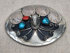 Stunning Vintage Nickel Silver Turquoise Buffalo Indian Head Nickel Belt Buckle picture