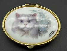 Sinclair Limoges France Trinket Box Enamel & Brass White Persian Kitty Cat picture