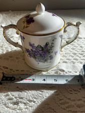 Victorian violets from China Floral Sugar Bowl w/ Lid & Handles Purple Gold Trim picture