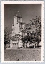 Vtg B&W Snapshot Modern Church Bell Tower Cross Trees Deckle Edge 1940s picture