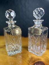 ANTIQUE CRYSTAL DECANTERS SILVER BOURBON AND SCOTCH TAG BAR MID CENTURY BARWARE picture